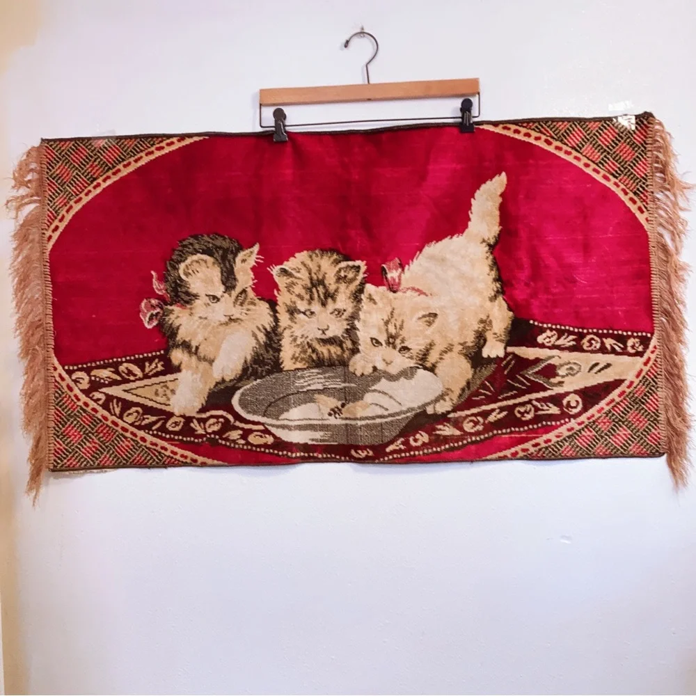 Vintage Red Velvet Bohemian Cats Kittens Belgium Tapestry Wall Hanging Rug Art